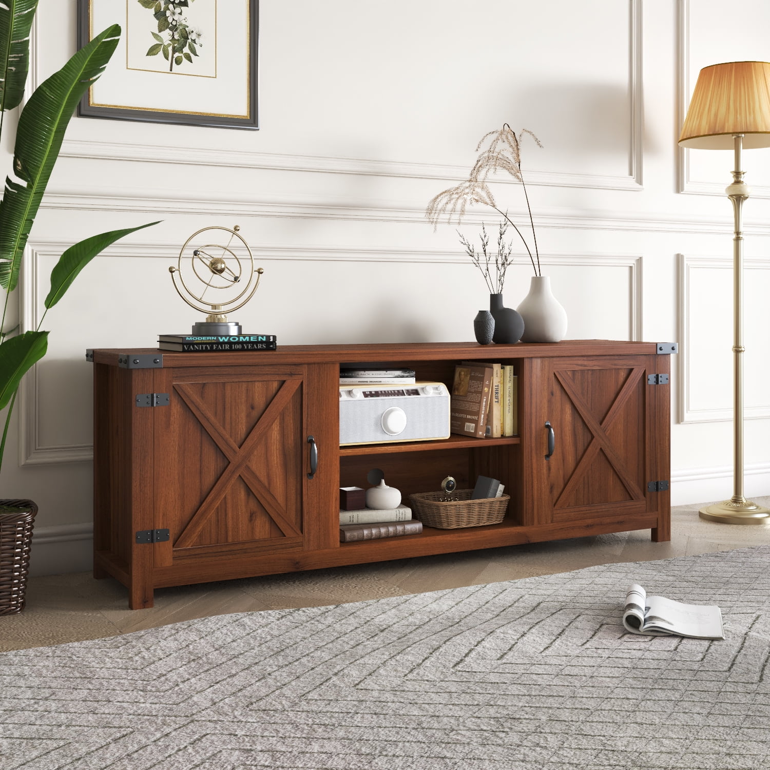 Vineego Farmhouse Barn Two-Door Tv Stand for TVs up to 65", Rustic Brown