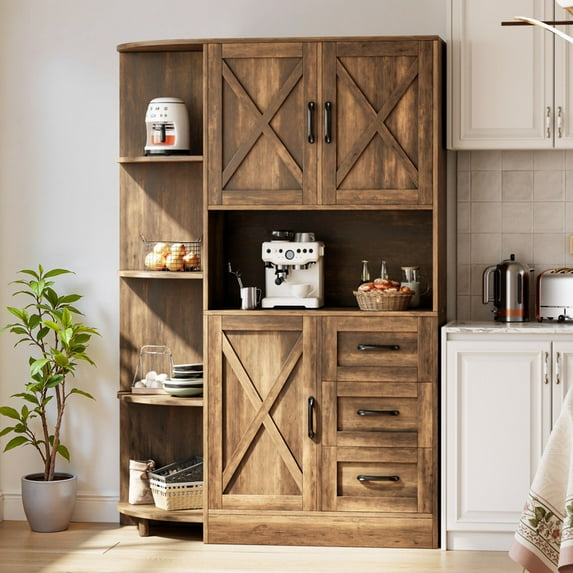 Vineego Farmhouse Kitchen Pantry Cabinet with Drawers & Open Shelves, Freestanding Storage Cabinet with Power Outlet for Kitchen Dining Room, Brown
