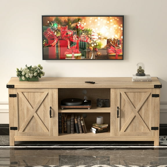 Vineego Farmhouse Tv Stand 58” Rustic Barn Two-Door Tv Stand for TVs up to 65",Oak