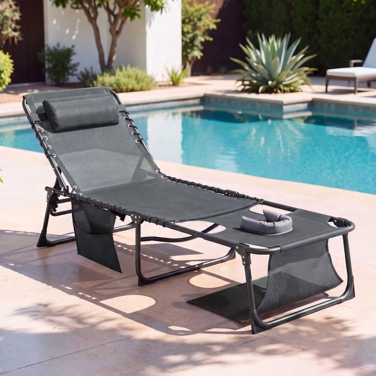 Vineego Folding Chaise Lounge Chair with Face Hole for Tanning, 5-Position Adjustable Textilene Outdoor Sunbathing Chair, Face Down Patio Pool Lounge Chair with Side Pocket & Pillow, Gray
