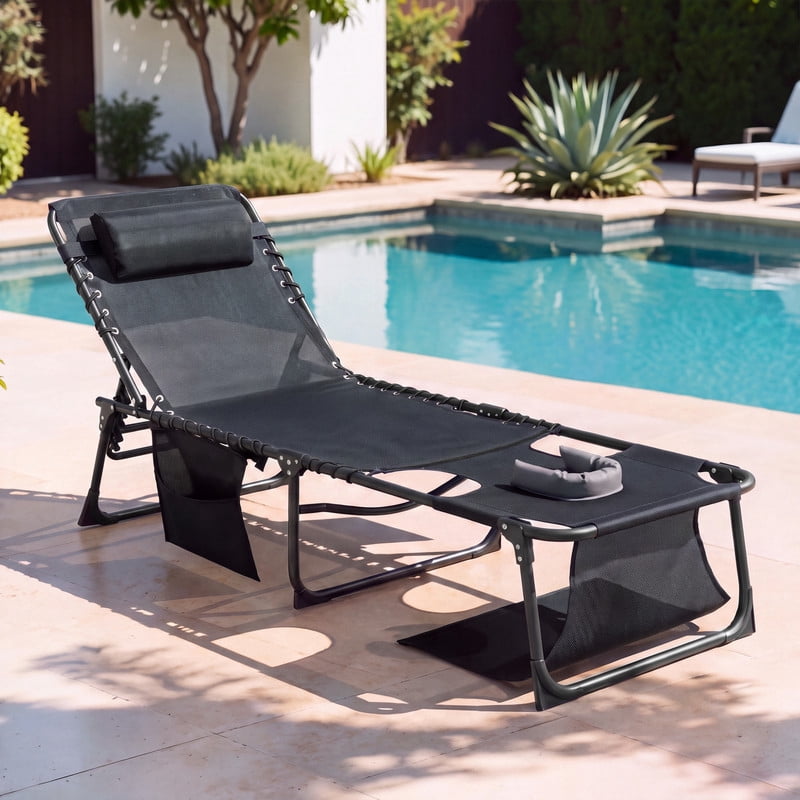 Vineego Folding Chaise Lounge Chair with Face Hole for Tanning, 5-Position Adjustable Textilene Outdoor Sunbathing Chair, Face Down Patio Pool Lounge Chair with Side Pocket & Pillow, Black