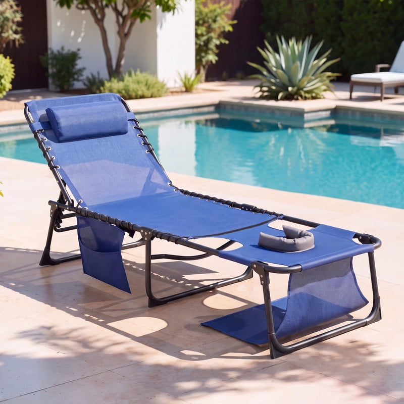Vineego Folding Chaise Lounge Chair with Face Hole for Tanning, 5-Position Adjustable Textilene Outdoor Sunbathing Chair, Face Down Patio Pool Lounge Chair with Side Pocket & Pillow, Blue
