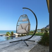 Vineego Indoor Outdoor Patio Wicker Hanging Chair Swing Hammock Egg Chairs UV Resistant Cushions,350lbs Capacity (Grey)