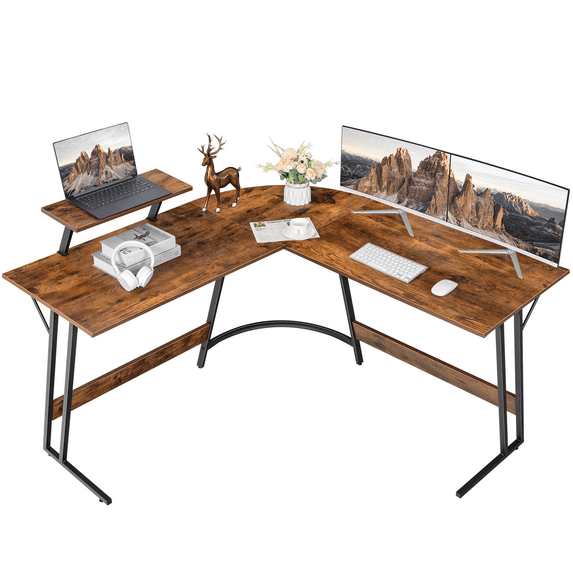 Vineego L-Shaped Computer Desk Modern Corner Desk with Small Table,Rustic Brown