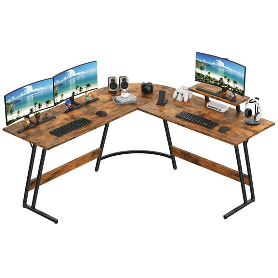 Vineego L-Shaped Computer Desk Modern Corner Desk with Small Table,Rustic Brown