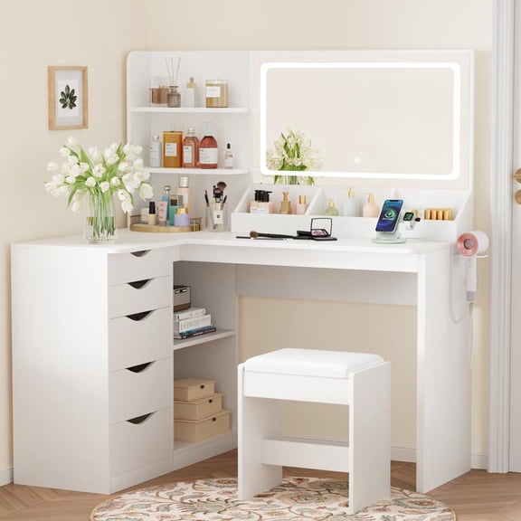 Vineego L Shaped Makeup Vanity Set with LED Lighted Mirror & Charging Station, 5 Drawers Corner Vanity Table with Hair Dryer Holder & Padded Stool for Bedroom, White