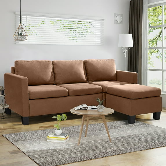 Vineego L-shaped Sofa Suede Fabric Convertible Sectional Sofa with Reversible Chaise 3-Seat Modern Living Room Sofa with Ottoman,Brown