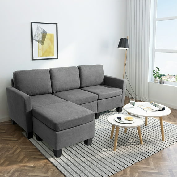 Vineego Linen Fabric L-shape Sofa Sectional Couch for Living Room, Beige