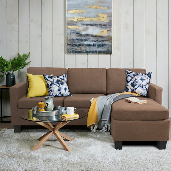Vineego Linen Fabric L-shape Sofa Sectional Couch for Living Room, Brown