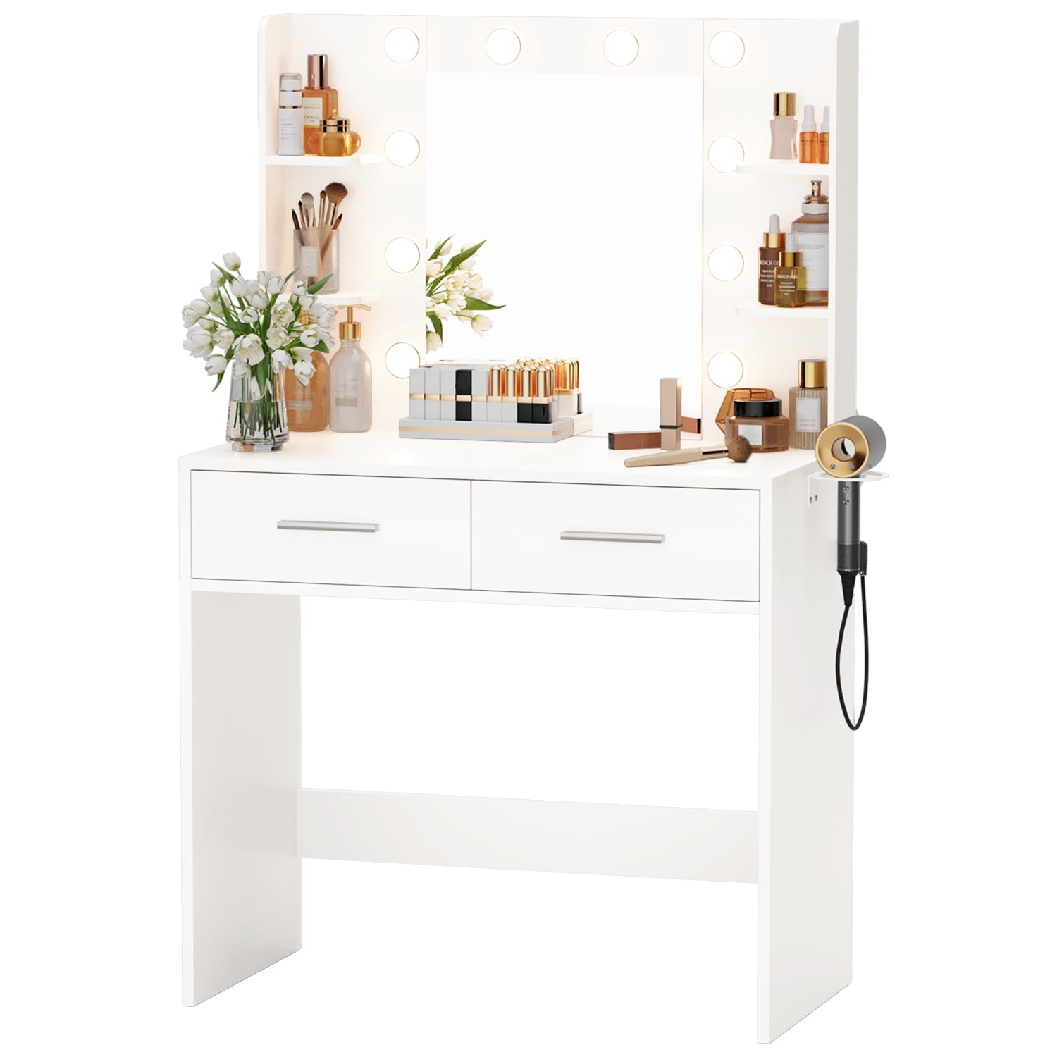 Vineego Makeup Vanity Desk with Lighted Mirror & Power Outlet, Makeup Vanity with 2 Drawers,White
