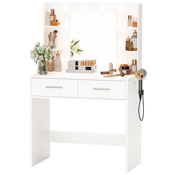 Vineego Makeup Vanity Desk with Lighted Mirror & Power Outlet, Makeup Vanity with 2 Drawers,White