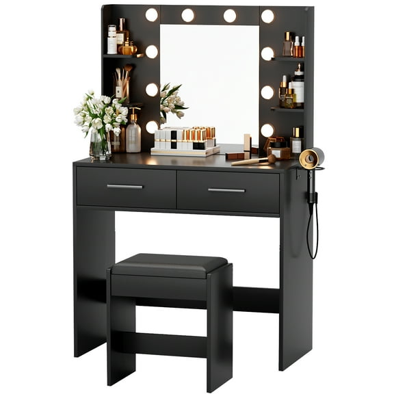 Vineego Makeup Vanity Desk with Lighted Mirror & Power Outlet, Makeup Vanity with stool,Black