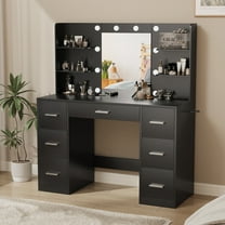 Vineego Makeup Vanity Desk with Mirror, Lights & Power Outlet Vanity Table with 7 Drawers and 6 Storage Shelves for Bedroom, Black