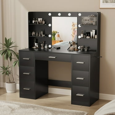 Vineego Makeup Vanity Desk with Mirror, Lights & Power Outlet Vanity Table with 7 Drawers and 6 Storage Shelves for Bedroom, Black