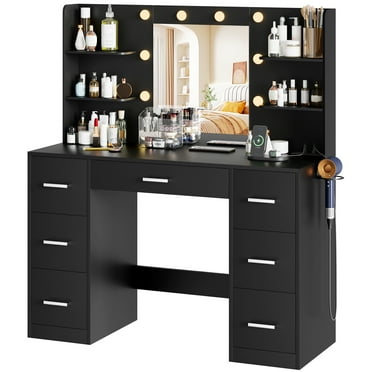 Vineego Makeup Vanity Desk with Mirror, Lights & Power Outlet Vanity Table with 7 Drawers and 6 Storage Shelves for Bedroom, Black