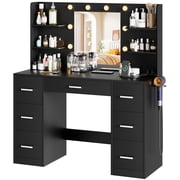 Vineego Makeup Vanity Desk with Mirror, Lights & Power Outlet Vanity Table with 7 Drawers and 6 Storage Shelves for Bedroom, Black
