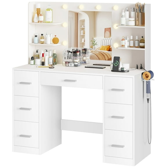 Vineego Makeup Vanity Desk with Mirror, Lights & Power Outlet Vanity Table with 7 Drawers and 6 Storage Shelves for Bedroom, White