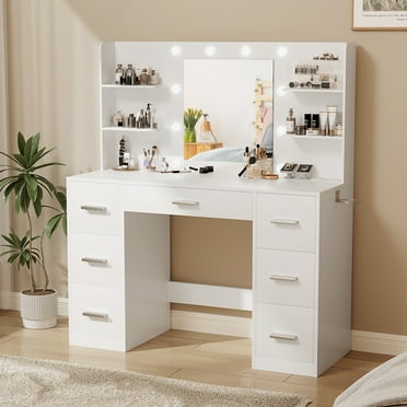 Vineego Makeup Vanity Desk with Mirror, Lights & Power Outlet Vanity Table with 7 Drawers and 6 Storage Shelves for Bedroom, White