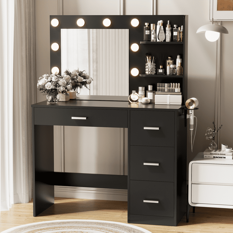 Vineego Makeup Vanity with LED Lights, Vanity Set with Charging Station & Ample Storage, Vanity Desk for Bedroom & Dressing Room, Black