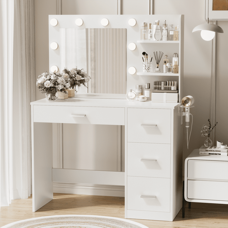 Vineego Makeup Vanity with LED Lights, Vanity Set with Charging Station & Ample Storage, Vanity Desk for Bedroom & Dressing Room, White