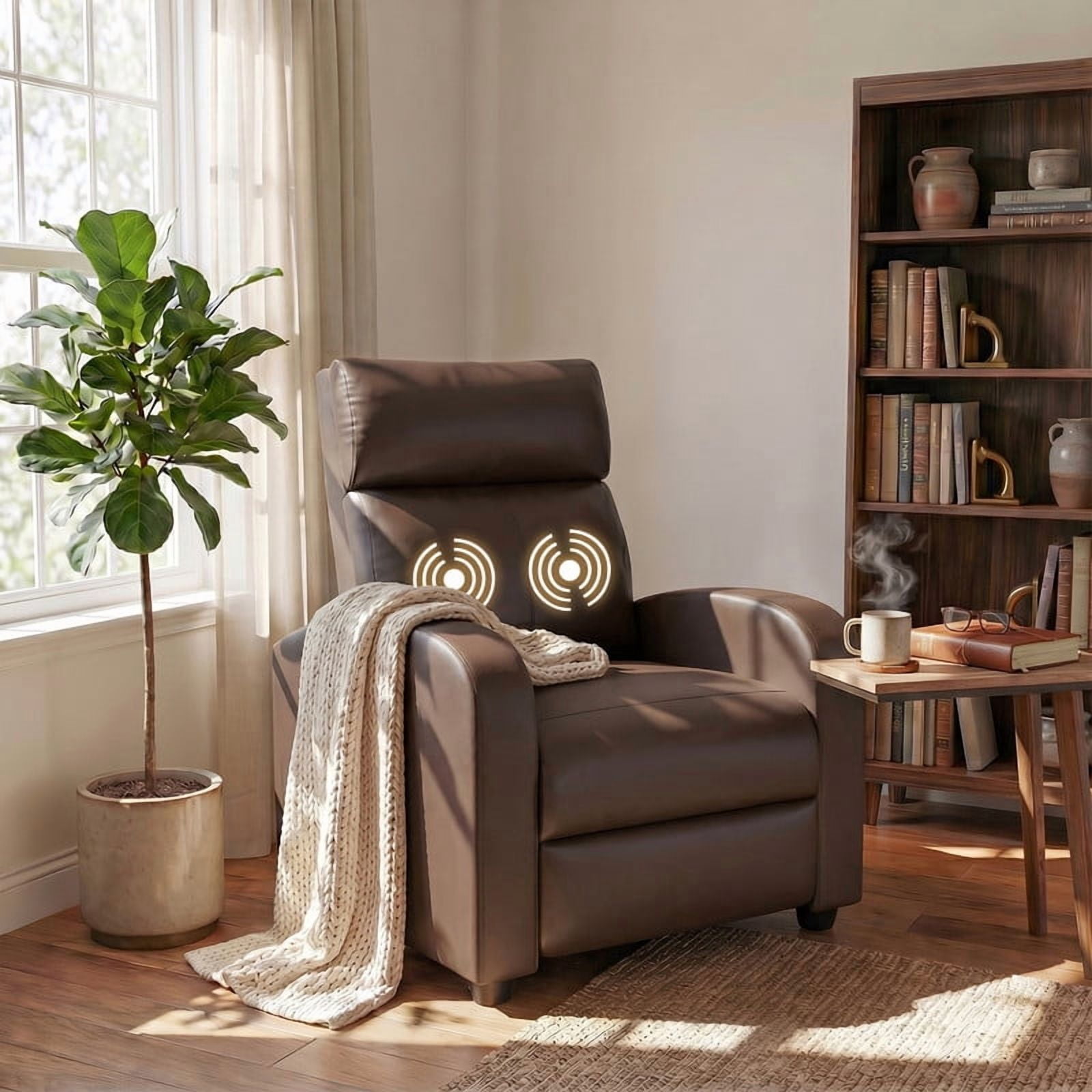 Vineego Massage Recliner Chair Small Places Single Sofa Adjustable Home Theater Seating with Side Pockets for Living Room,PU Brown