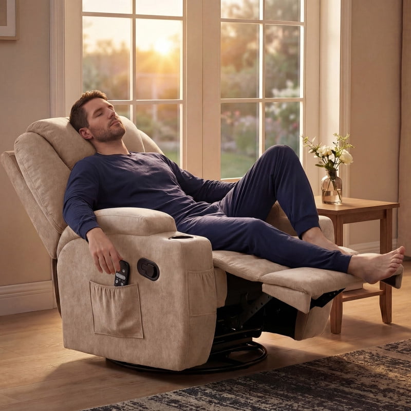 Vineego Massage Swivel Rocker Recliner with PU Leather Fabric Small Spaces Lounge Chair with Two Cup Holder for Bed Room,Linen Beige