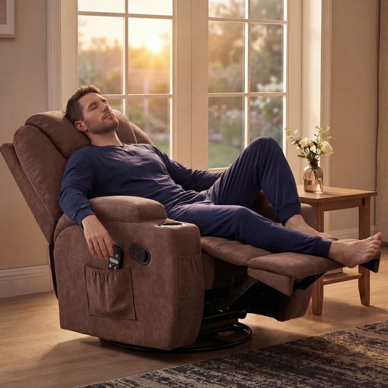 Vineego Massage Swivel Rocker Recliner with PU Leather Fabric Small Spaces Lounge Chair with Two Cup Holder for Bed Room,Linen Brown