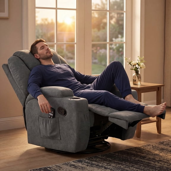 Vineego Massage Swivel Rocker Recliner with PU Leather Fabric Small Spaces Lounge Chair with Two Cup Holder for Bed Room,Linen Gray
