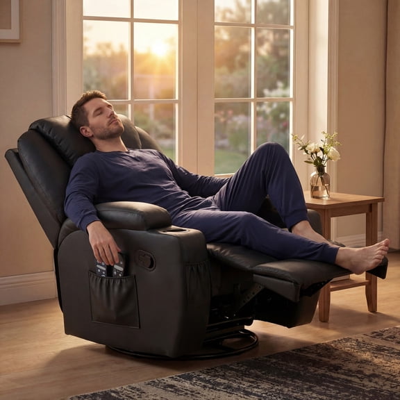 Vineego Massage Swivel Rocker Recliner with PU Leather Fabric Small Spaces Lounge Chair with Two Cup Holder for Bed Room,PU Black