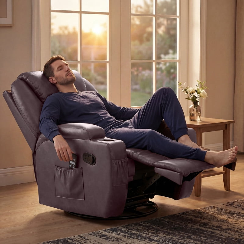 Vineego Massage Swivel Rocker Recliner with PU Leather Fabric Small Spaces Lounge Chair with Two Cup Holder for Bed Room,PU Brown