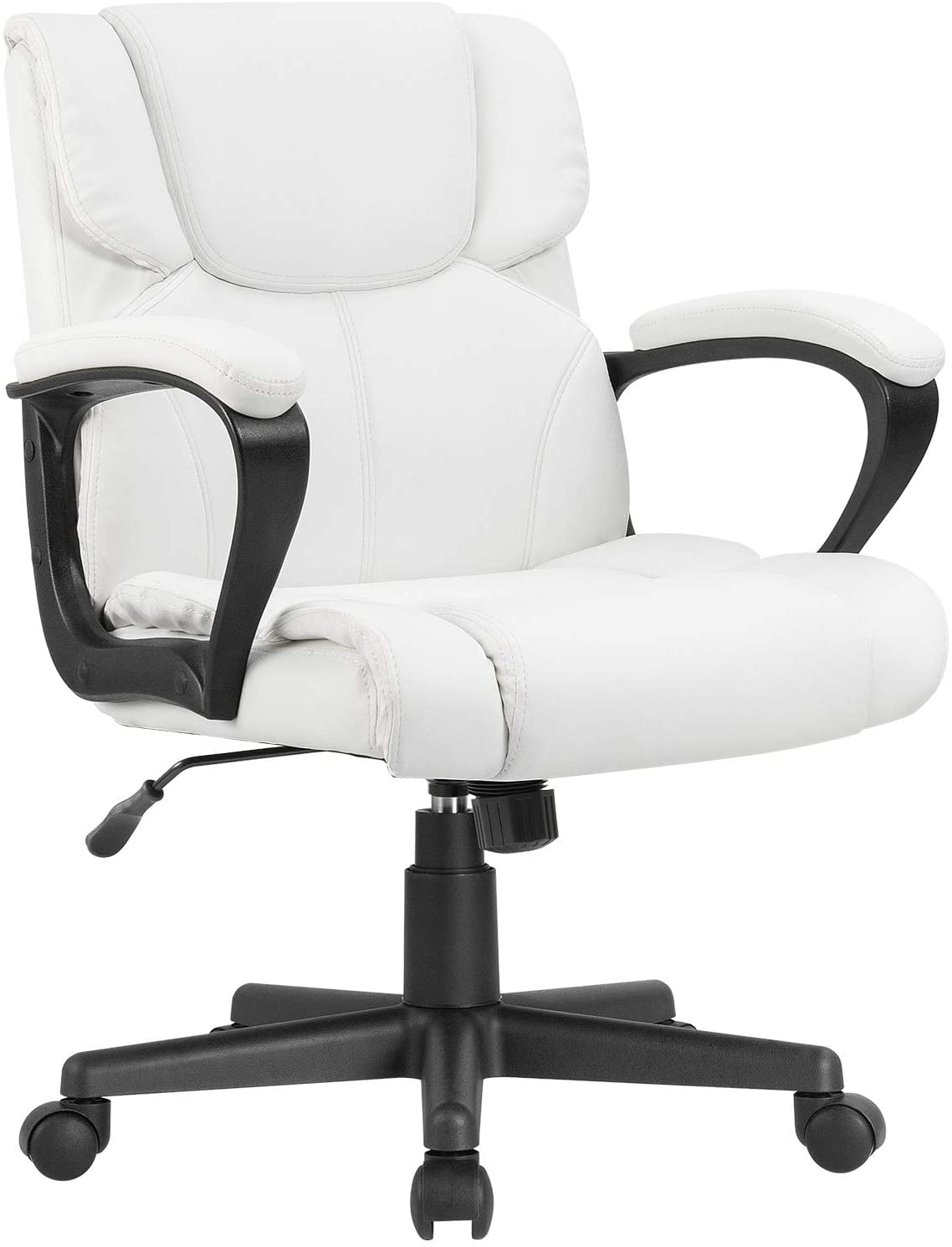 Vineego Mid Back Office Desk Chair PU Leather Executive Chair Adjustable Business Manager’s Chair Ergonomic Swivel Computer Chair with Lumbar Support and Armrest, White