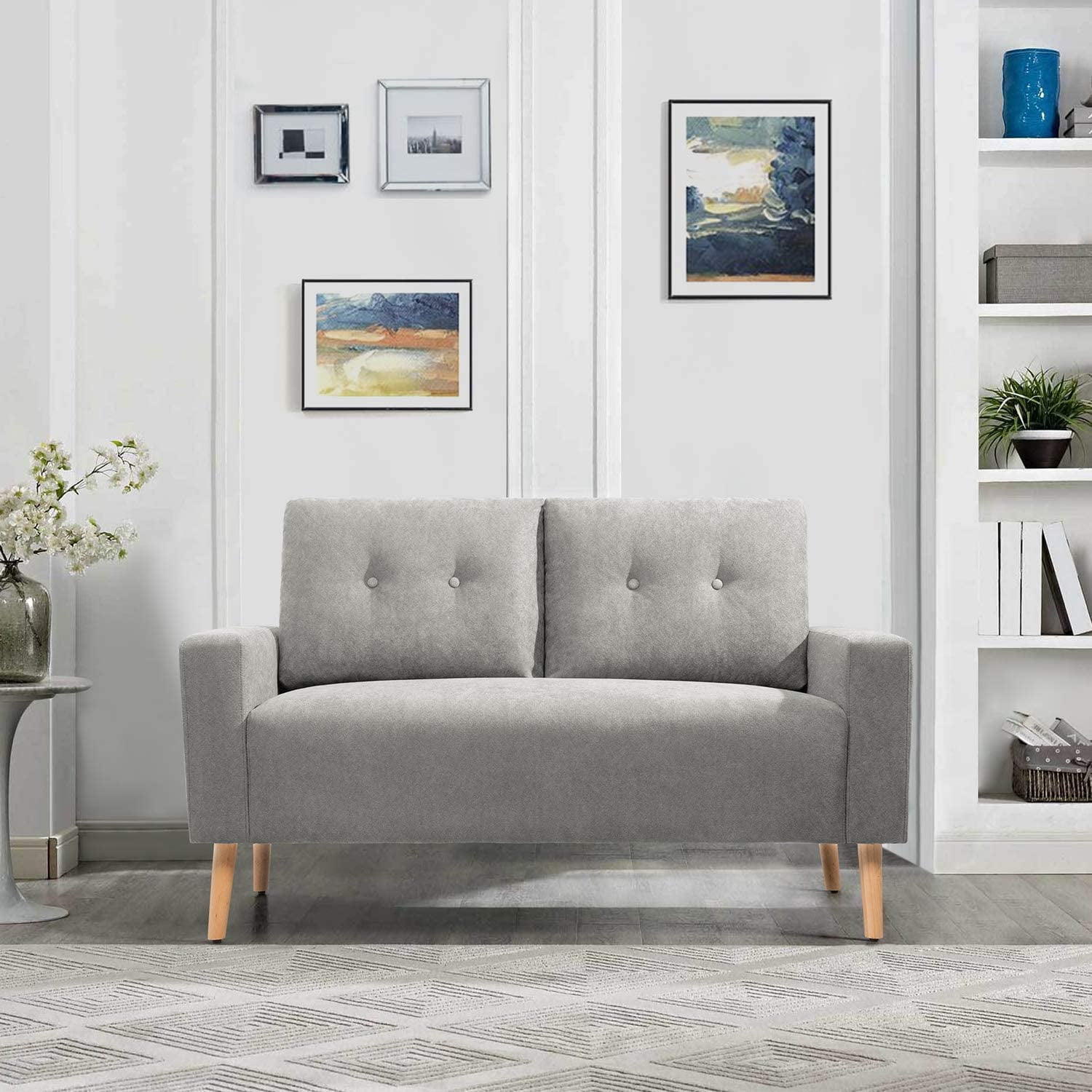 Vineego Modern Fabric Loveseat Couch Mid Century Sofa with Solid Wood Frame for Living Room, Gray