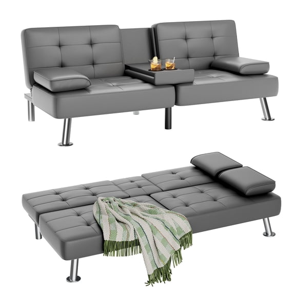 Vineego Modern Faux Leather Couch Convertible Folding Futon Sofa Bed with 2 Cup Holders,Gray