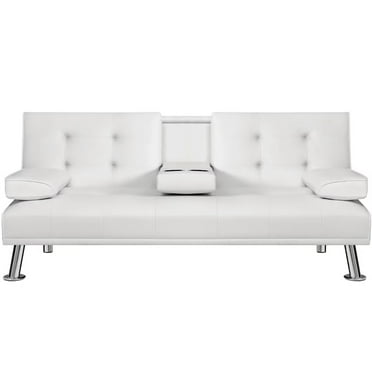 Vineego Modern Faux Leather Couch Convertible Folding Futon Sofa Bed with 2 Cup Holders,White