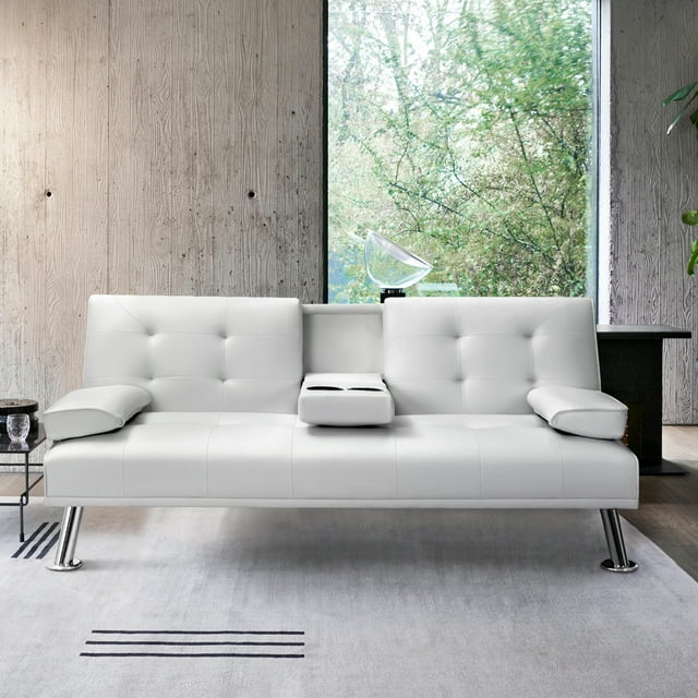 Vineego Modern Sofa Bed Faux Leather Couch Convertible Futon with Two Cupholders, White