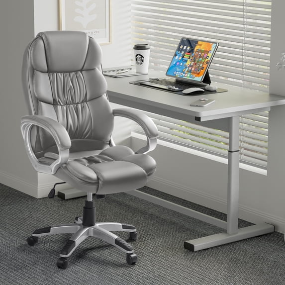 Vineego Office Chair High Back Computer Chair Ergonomic Desk Chair, PU Leather Adjustable Height Modern Executive Swivel Task Chair,Gray