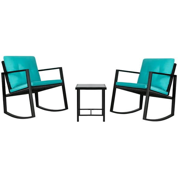 Vineego Outdoor Bistro Set 3-Piece Rocking Wicker Chairs with Cushions and Glass Coffee Table, Blue