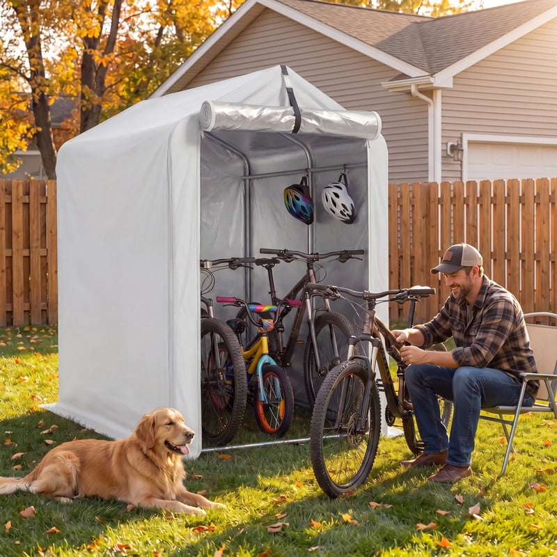 Vineego Outdoor Storage Shed, Waterproof Storage Shelter, Wind Resistant Tent with Roll-Up Zipper Door & Fixed Buckle, Outdoor Storage for Bikes, Motorcycle, Garden Tools & Equipment, White