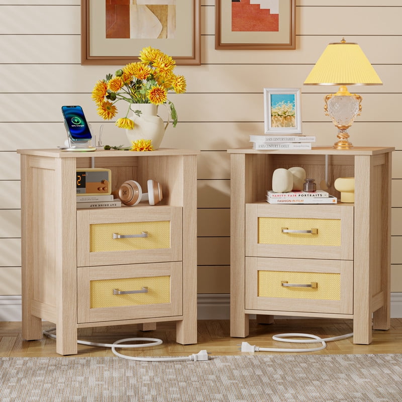 Vineego Rattan Nightstand Set of 2 with Power Outlet, End Table Beside Table with 2 Drawers & 1 Open Shelf for Bedroom Living Room, Beige