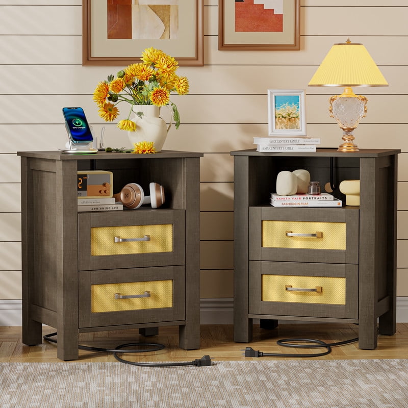Vineego Rattan Nightstand Set of 2 with Power Outlet, End Table Beside Table with 2 Drawers & 1 Open Shelf for Bedroom Living Room, Beige