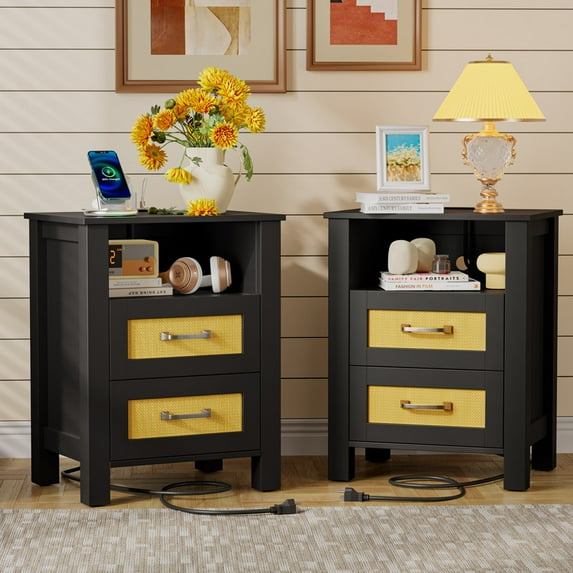Vineego Rattan Nightstand Set of 2 with Power Outlet, End Table Beside Table with 2 Drawers & 1 Open Shelf for Bedroom Living Room, Black