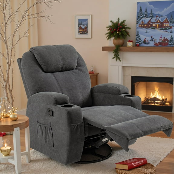 Vineego Recliner,Modern Fabric Rocking Chair with Massage,360 Degree Swivel Single Sofa Seat with Drink Holder