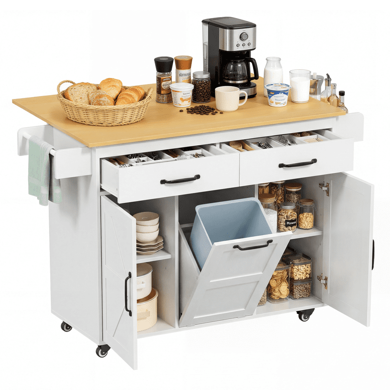 Vineego Rolling Kitchen Island with Storage, Mobile Kitchen Cart on Wheels with Drawers, Barn Doors, Built-in Trash Bin & Towel Rack, White with Natural Wood Top