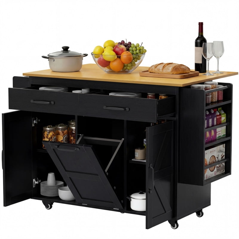 Vineego Rolling Kitchen Island with Storage, Mobile Kitchen Cart on Wheels with Drop Leaf Countertop, Drawers, Barn Doors & Side Shelves, Black with Natural Wood Top