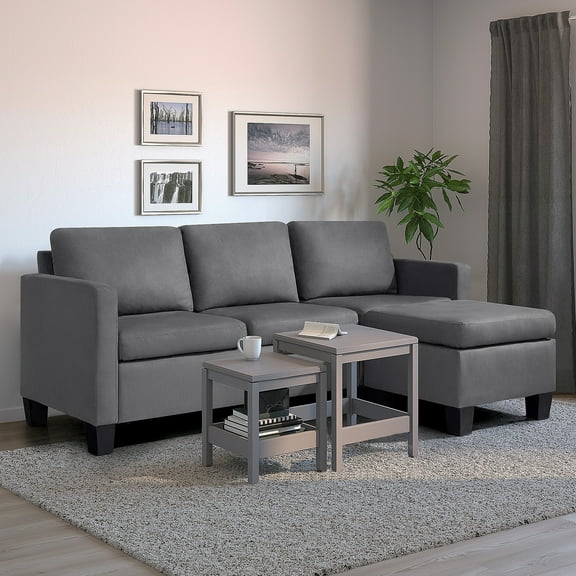 Vineego Suede Fabric Convertible Sectional Sofa, Dark Gray