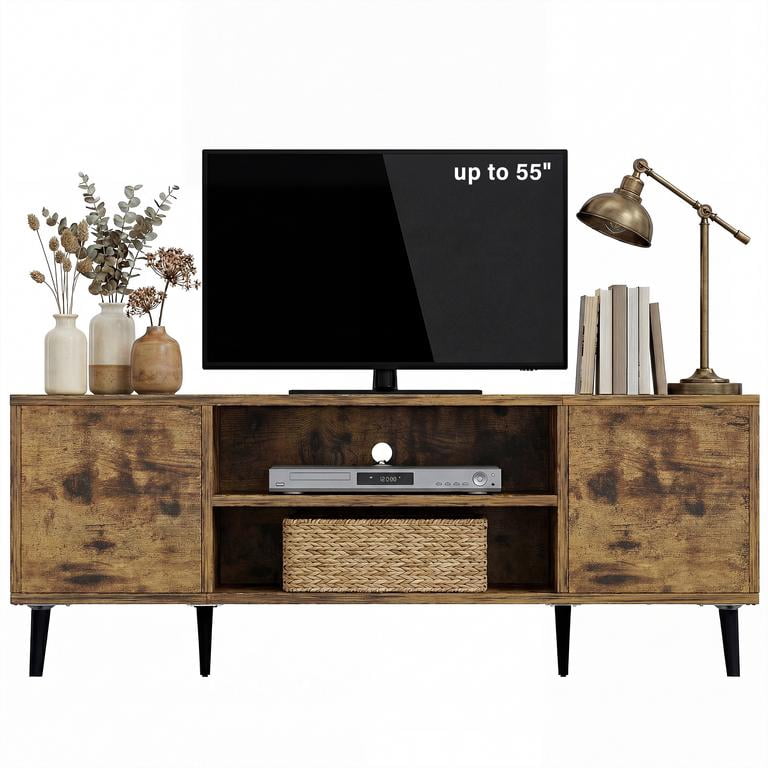 Vineego TV Stand for 55 Inch TV with 2 Push-to-Open Doors, Mid-Century Modern Media Console with Open Shelves, Entertainment Center for Living Room Bedroom, Brown