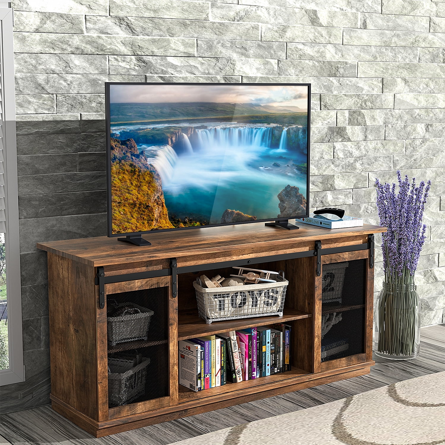 Vineego TV Stand 58 inch Rustic Farmhouse TV Stand with Sliding Gridding Door and Adjustable Shelves for TVS Up to 65 inch Rustic Brown