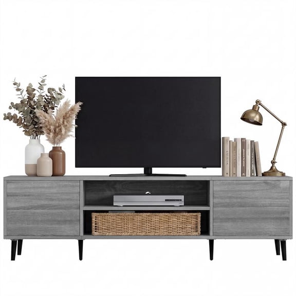 Vineego TV Stand for 70 Inch TV with 2 Push-to-Open Doors, Mid-Century Modern Media Console with Open Shelves, Entertainment Center for Living Room Bedroom, Gray