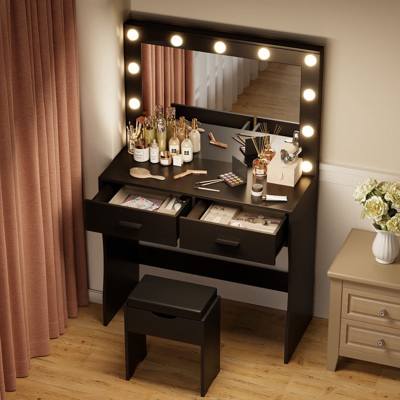 Vineego Vanity Set with Mirror & Light, Makeup Vanity with 2 Drawers, Vanity Desk with Storage Stool for Bedroom, Black