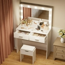 Vineego Vanity Set with Mirror & Light, Makeup Vanity with 2 Drawers, Vanity Desk with Storage Stool for Bedroom, White